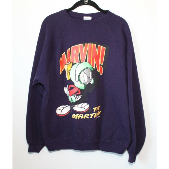 Vintage 1996 Marvin the Martian x Looney Tunes Crew Sweatshirt Purple XL H12289 - Picture 9 of 10